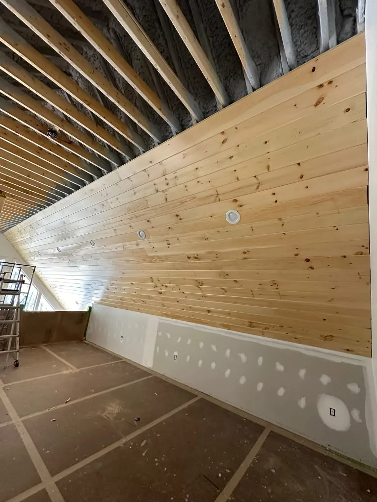 Pine ceiling and angled wall